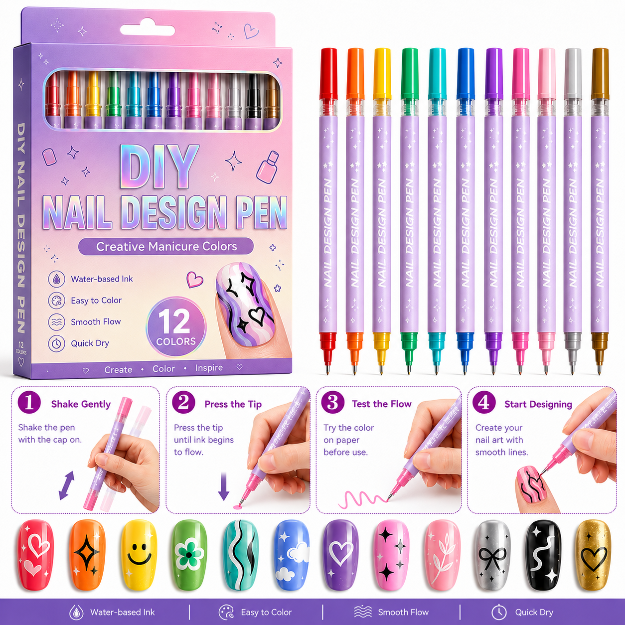 12-Color Nail Art Pen Set – Quick-Dry DIY Nail Design Pens