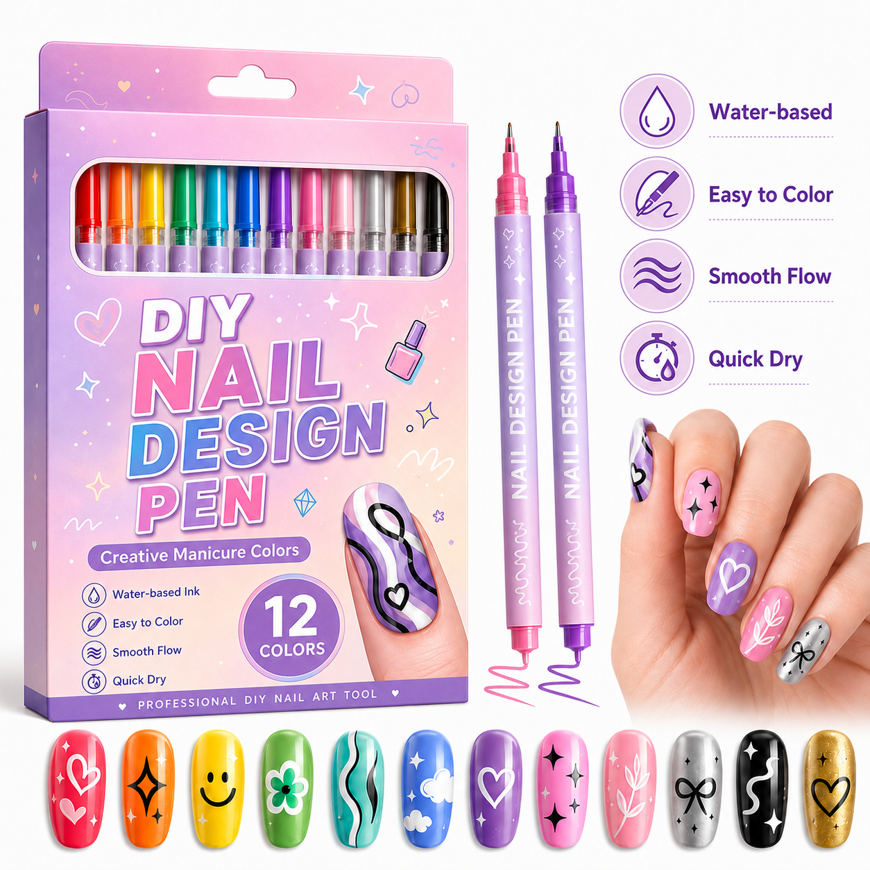 12-Color Nail Art Pen Set – Quick-Dry DIY Nail Design Pens