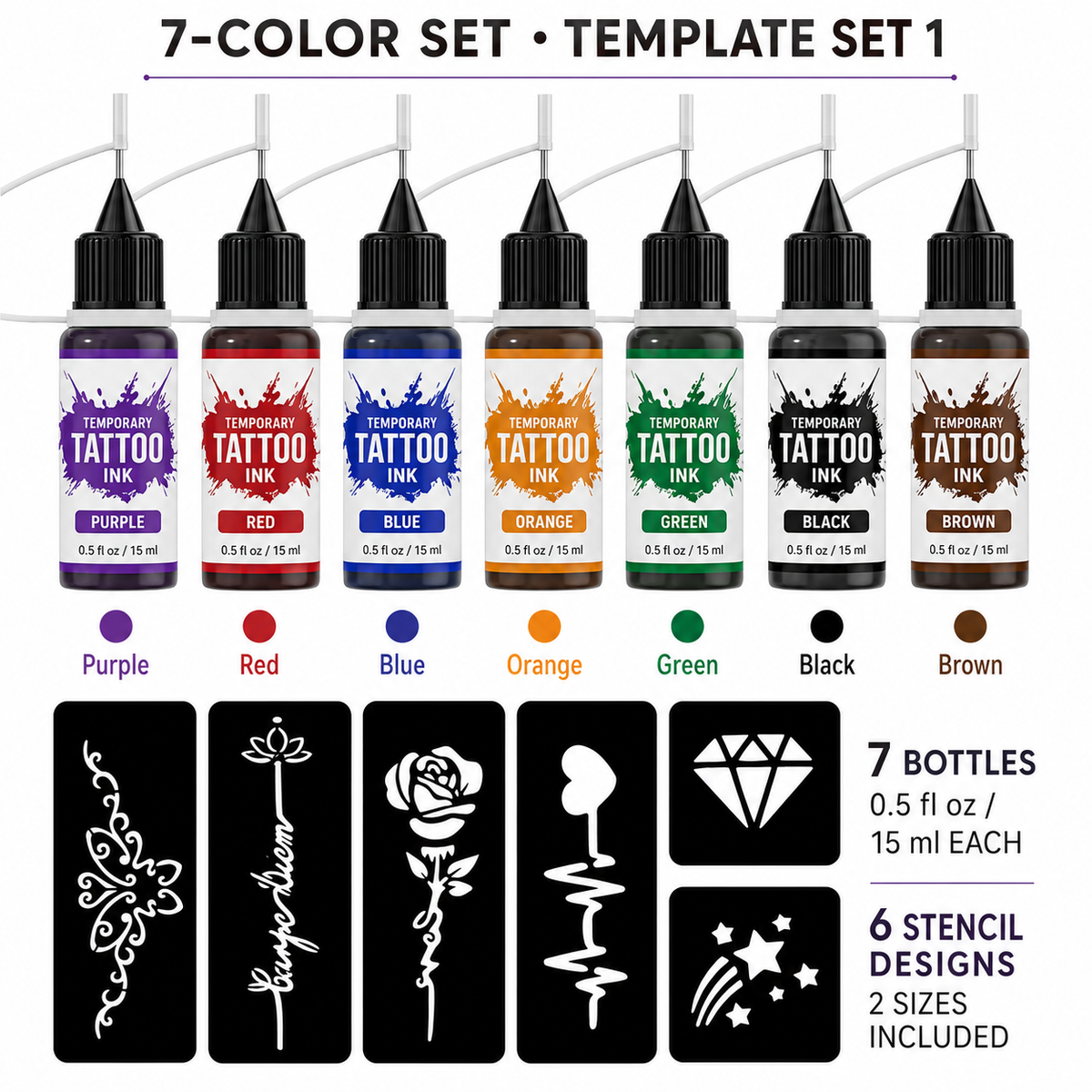 7-Color Temporary Tattoo Ink Kit with 1, 2 or 3 Stencil Sets – Waterpr ...