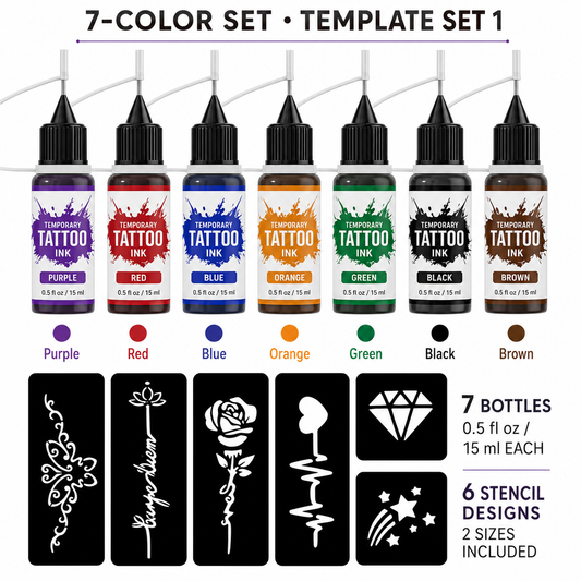 7-Color Temporary Tattoo Ink Kit with 1, 2 or 3 Stencil Sets – Waterproof, Sweat-Resistant DIY Body Art for Parties, Festivals, Stage Shows & More
