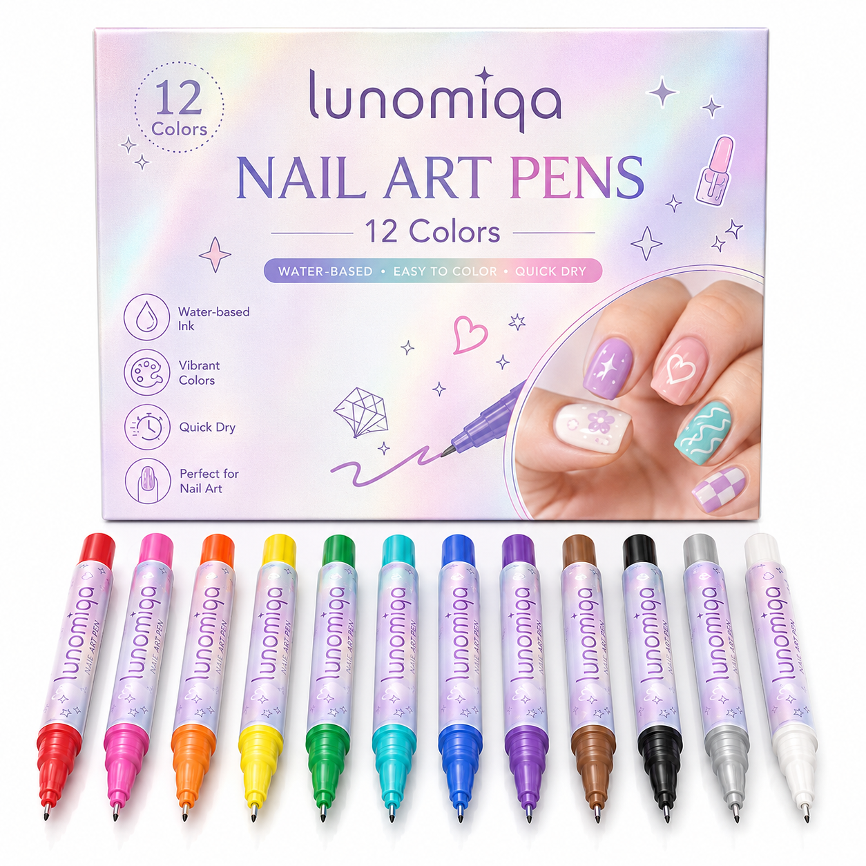 Lunomiqa 12-Color Nail Art Pen Set – Quick-Dry DIY Nail Design Pens
