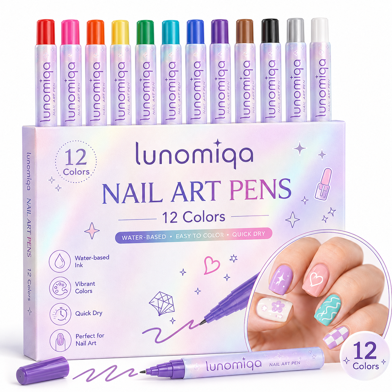 Lunomiqa 12-Color Nail Art Pen Set – Quick-Dry DIY Nail Design Pens