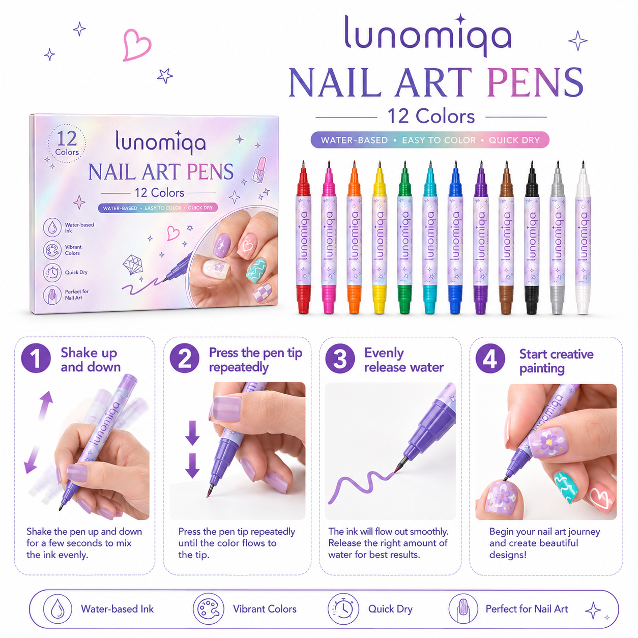 Lunomiqa 12-Color Nail Art Pen Set – Quick-Dry DIY Nail Design Pens