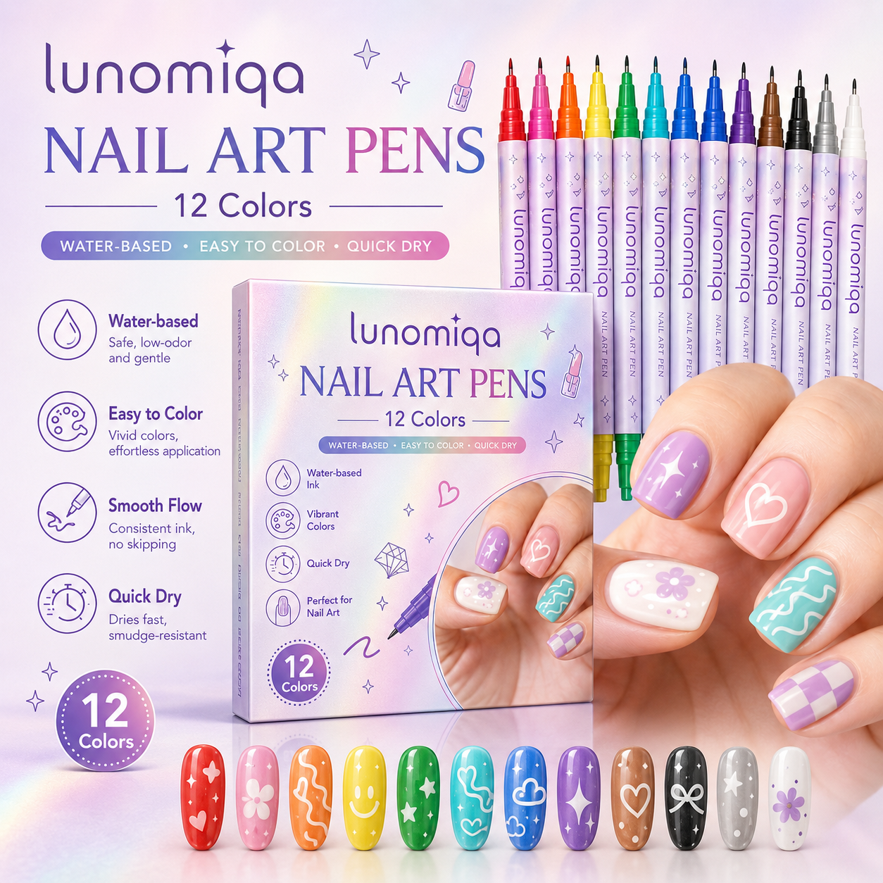 Lunomiqa 12-Color Nail Art Pen Set – Quick-Dry DIY Nail Design Pens