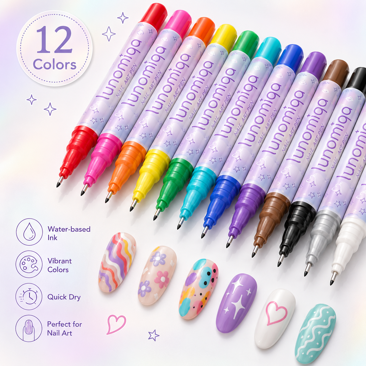 Lunomiqa 12-Color Nail Art Pen Set – Quick-Dry DIY Nail Design Pens