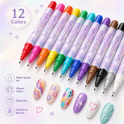 Lunomiqa 12-Color Nail Art Pen Set – Quick-Dry DIY Nail Design Pens