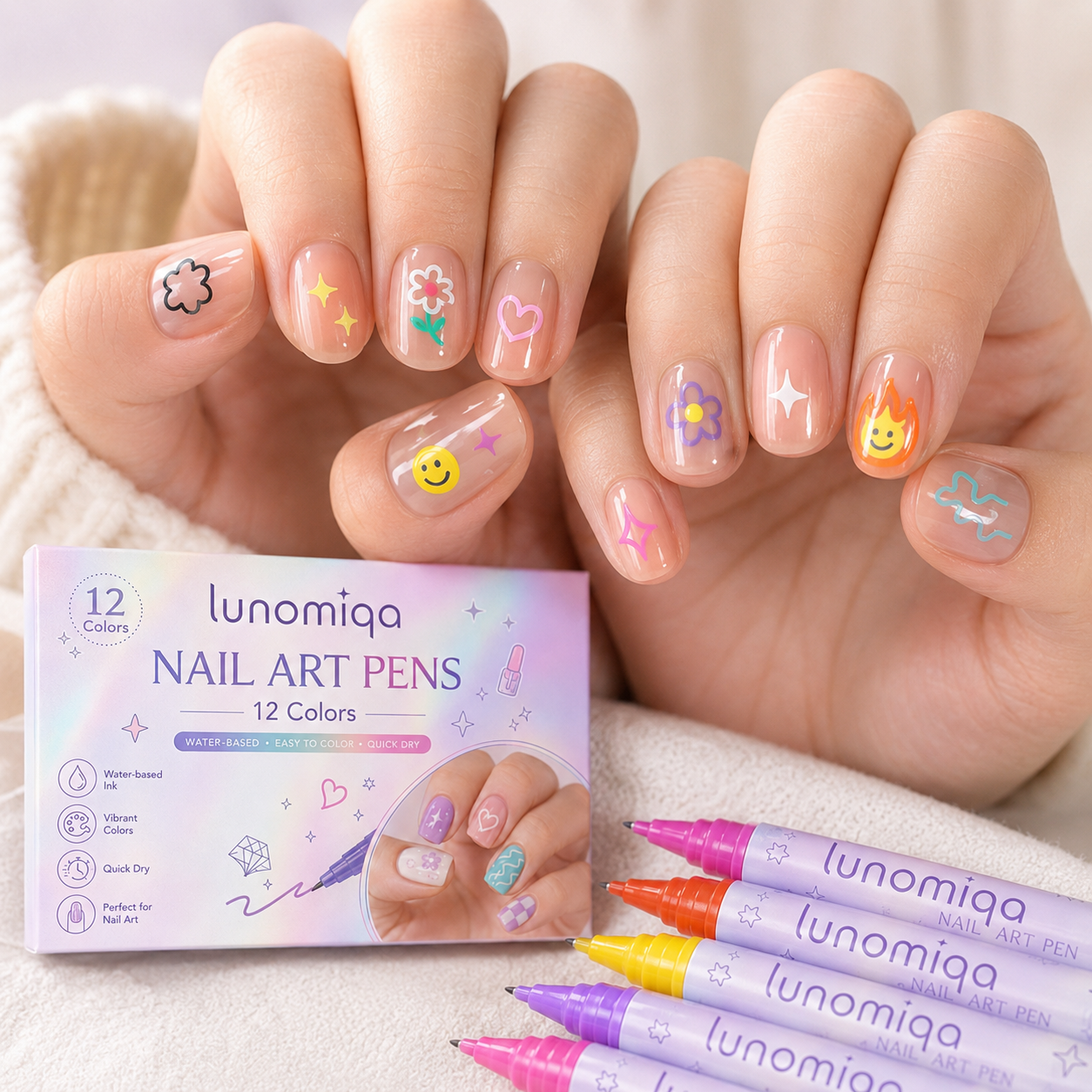 Lunomiqa 12-Color Nail Art Pen Set – Quick-Dry DIY Nail Design Pens