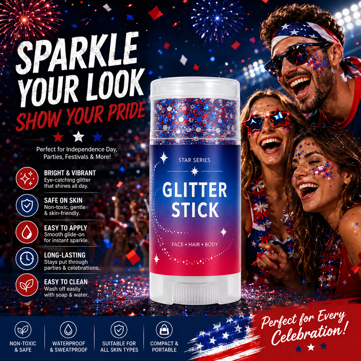 3-in-1 Patriotic Glow ✨ Red, White & Blue Glitter Body Stick