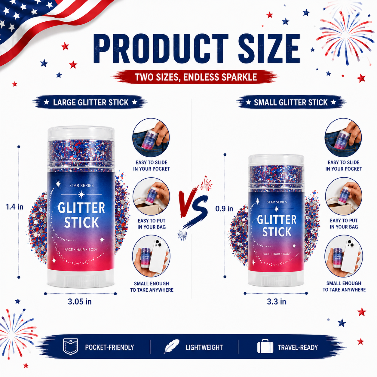3-in-1 Patriotic Glow ✨ Red, White & Blue Glitter Body Stick