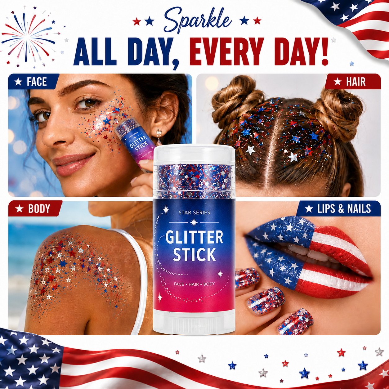 3-in-1 Patriotic Glow ✨ Red, White & Blue Glitter Body Stick