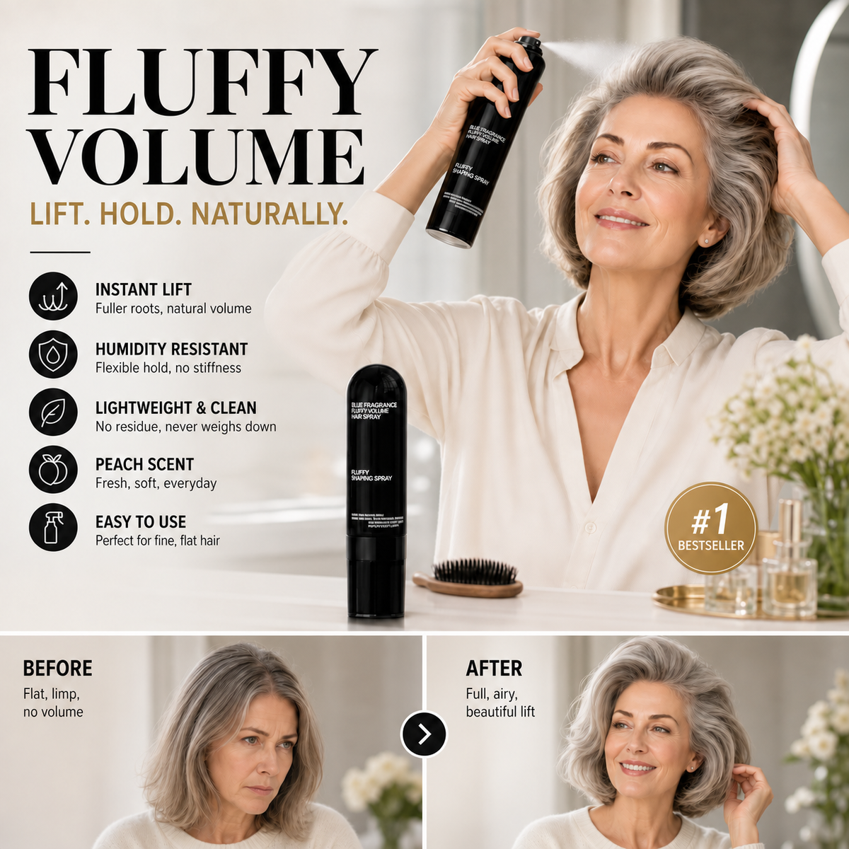 Fluffy Hair Shaping Spray, Long Lasting Peach Scent Volumizing Hair Mist for All-Day Hold
